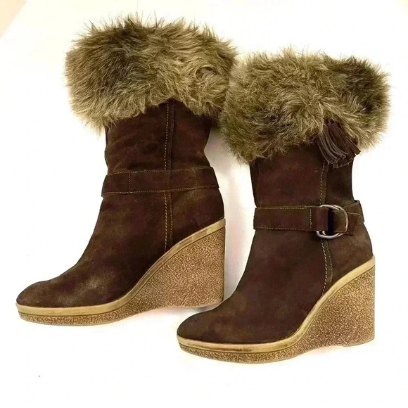 Marc Fisher Brown Suede “70’s” Rubber Wedge Faux Fur Top Buckle Boots Size 9M - Picture 1 of 16